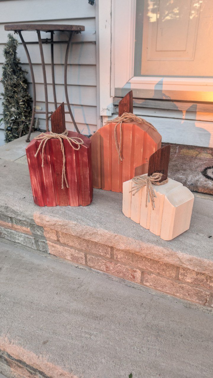 Plank pumpkin trio in warm light