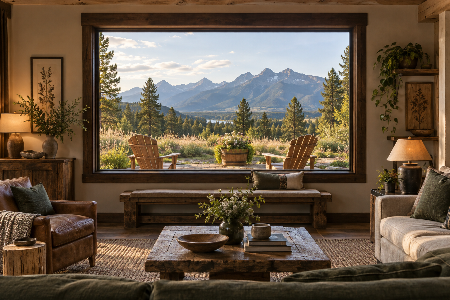 A sunny outdoor view through a large picture window inside a warm home with handcrafted wooden furniture