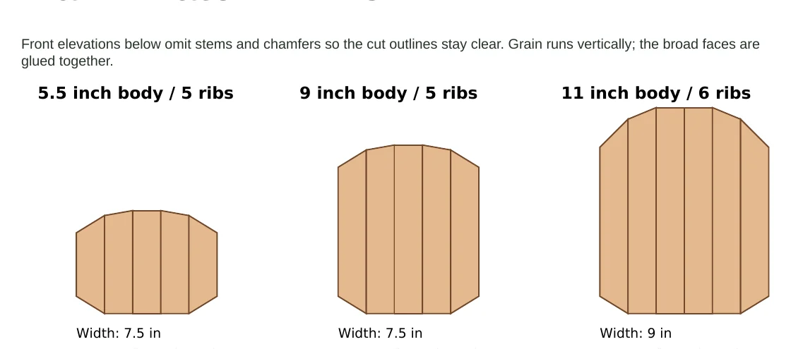 Front outlines of the three pumpkin sizes with angle callouts