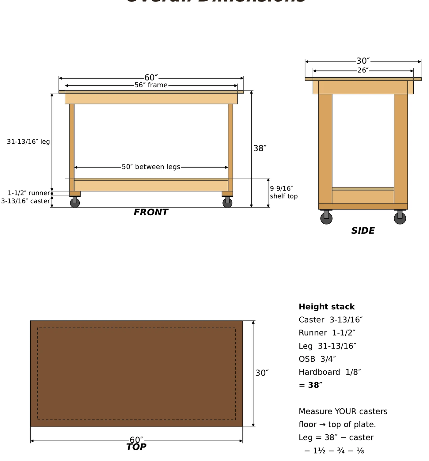 Front, side and top dimension drawings of the 60 by 30 workbench
