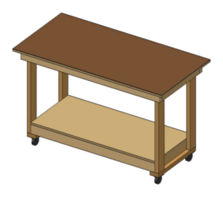 3D drawing of a 60 by 30 inch rolling 2x4 workbench with overhanging top, lower shelf and casters