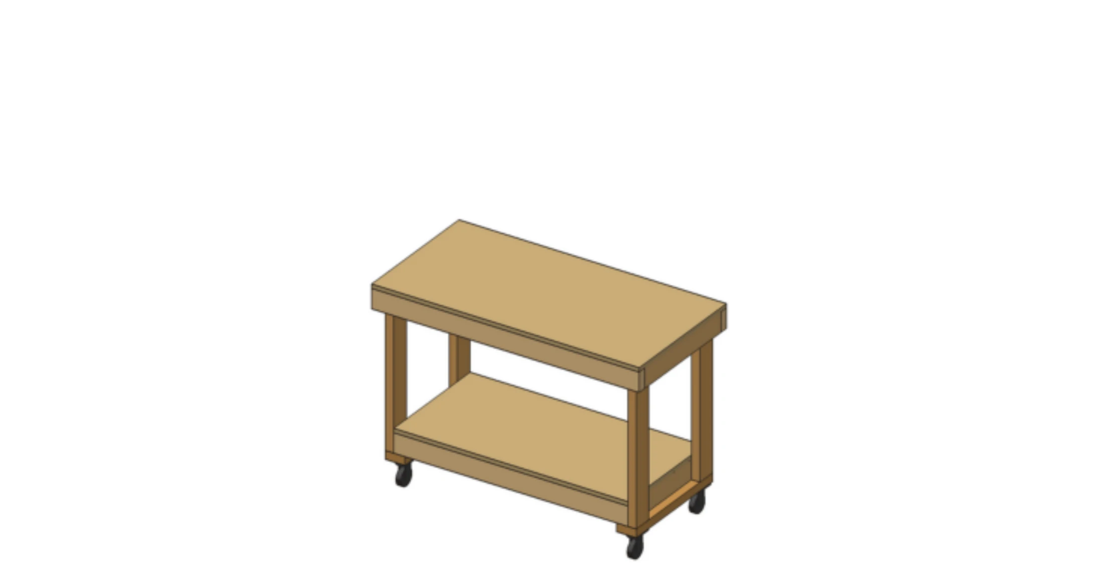 3D drawing of a 24 by 48 inch rolling 2x4 workbench with a lower shelf and casters