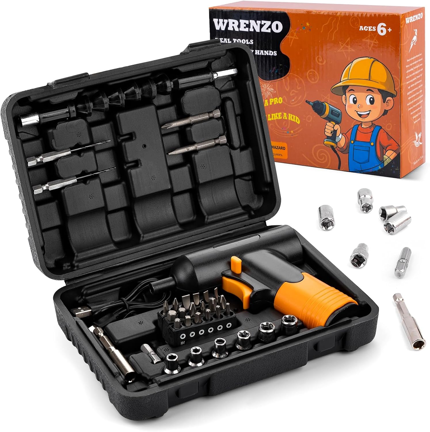 Wrenzo 32-Piece Kids Real Cordless Drill and Toolbox Set with charger and bits